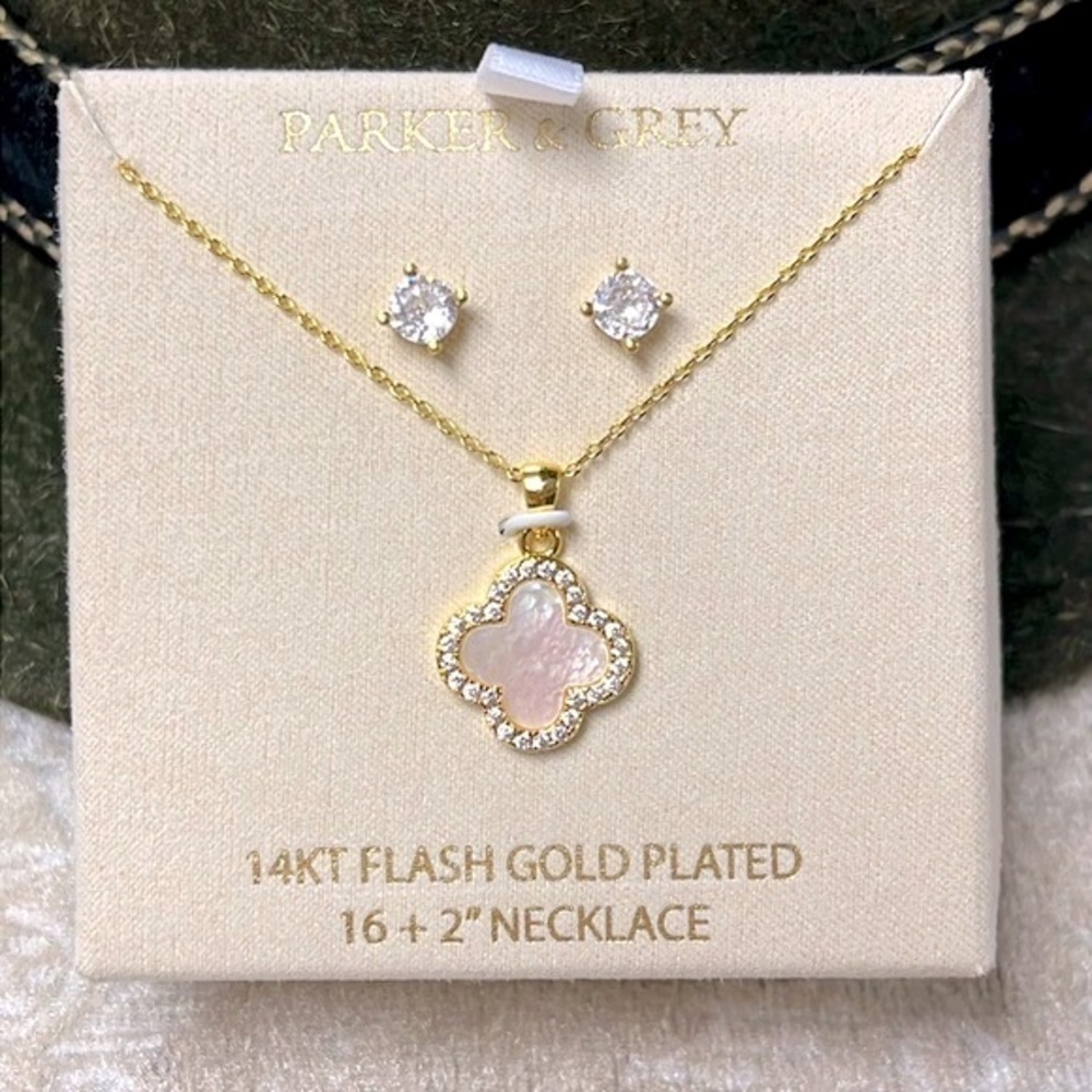 Brand New Parker & Grey 14K Gold Plated Mother of Pearl Necklace & Earring Set